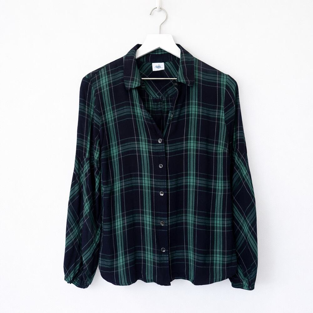CAbi Big Sur Preppy Navy Green Plaid Viscose Button Down Shirt Medium